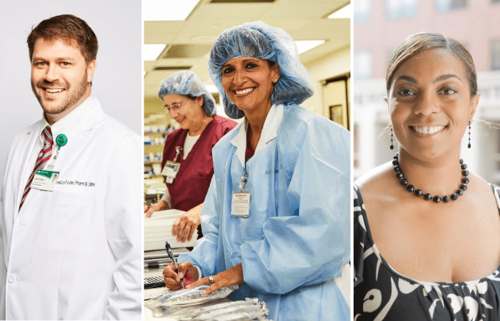 Three photos side by side; left: smiling UAB doctor in white coat; middle: female surgeon in scrubs smiling; right: female employee smiling