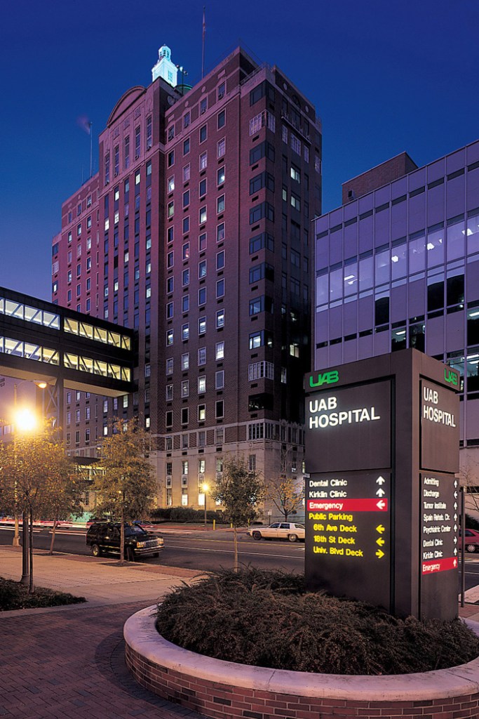 Exterior photo of University Hospital at night