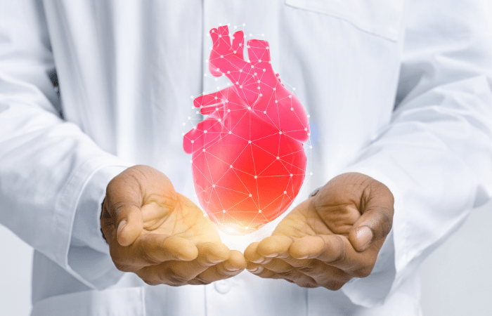 Physician in white coat holding a digitized heart