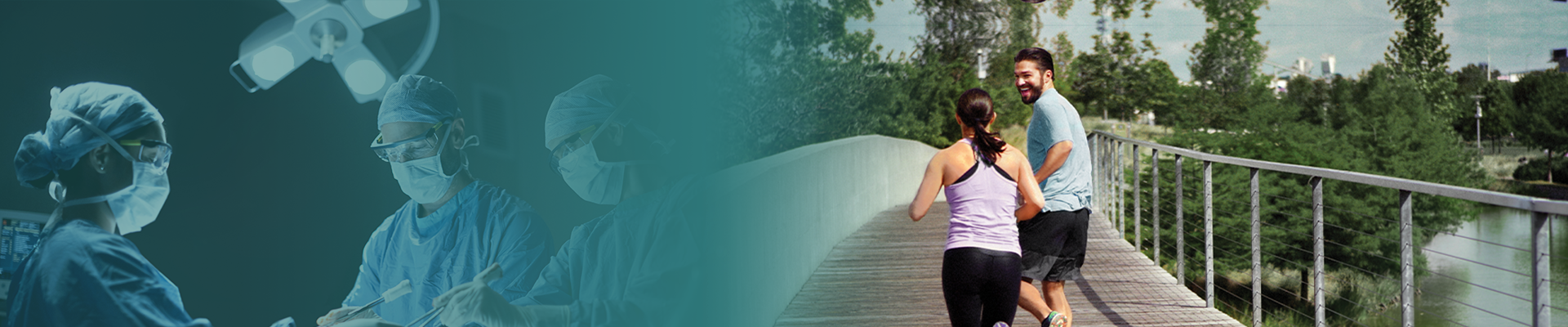 Left side: surgeons performing surgery; Right side: One male runner and one female runner crossing a bridge