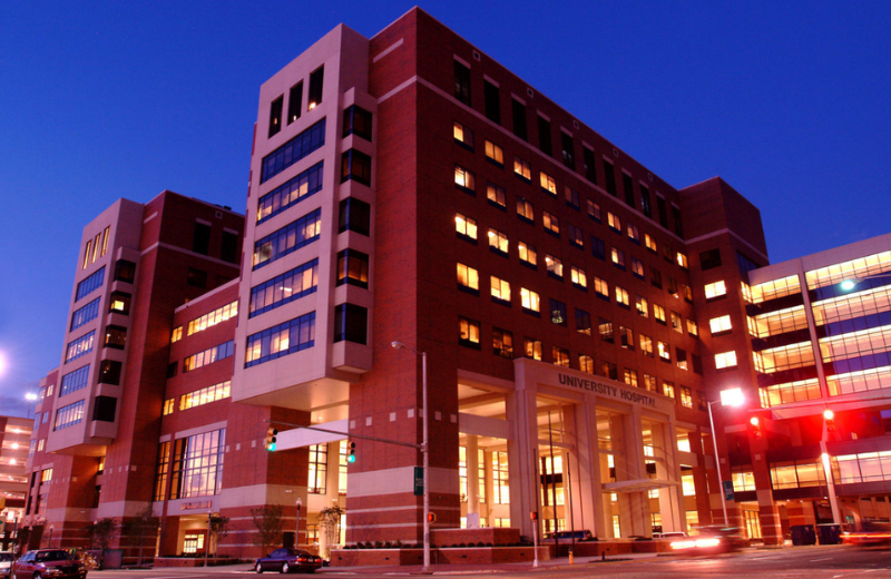 Exterior photo of UAB Hospital in the evening